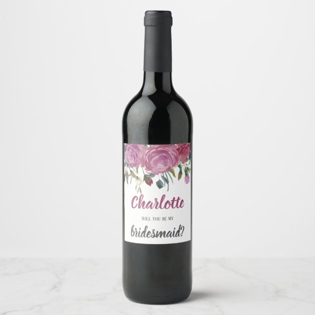 Bridesmaid proposal watercolor roses Wine label (Front)