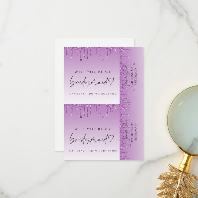 Bridesmaid Proposals Purple Drip Glitter Earring & Thank You Card (Front/Back In Situ)