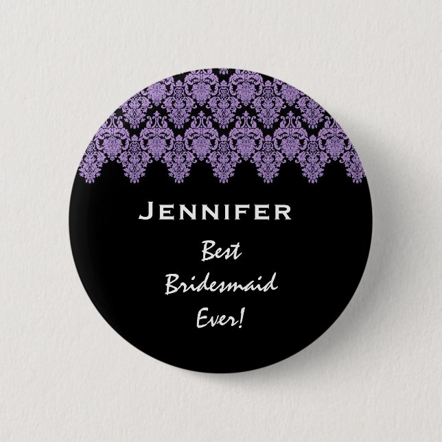 Bridesmaid Purple Black Damask Custom Name 6 Cm Round Badge (Front)