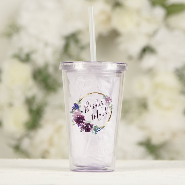 Bridesmaid Purple Floral Wreath Boho Hoop Wedding Acrylic Tumbler (Creator Uploaded)