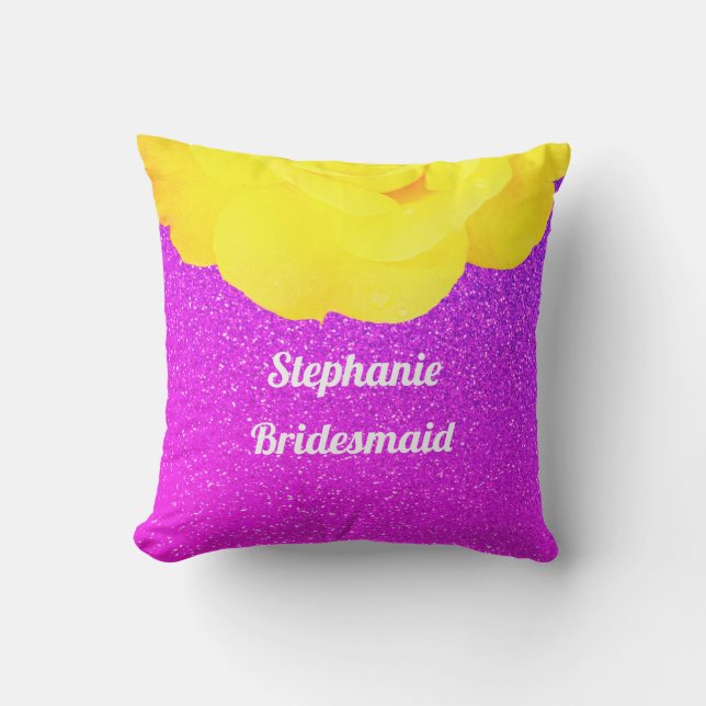 Bridesmaid Purple Glitter Wedding Yellow Floral Cushion (Front)