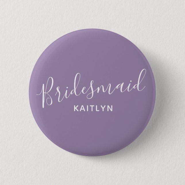 Bridesmaid purple with white text wedding button (Front)