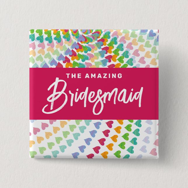 BRIDESMAID Rainbow Hearts Sprinkles Chic Wedding 15 Cm Square Badge (Front)