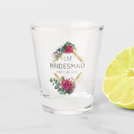 Bridesmaid Red Rose Wedding Date Monogrammed Shot  Shot Glass<br><div class="desc">Personalised shot glass for you to customise with your Bridesmaid's monogram, the bride and groom's intials and the wedding date. The design features red roses, eucalyptus and greenery on a gold geometric diamond shaped frame. A lovely wedding keepsake gift for your wedding party. Please browse my store for best man,...</div>