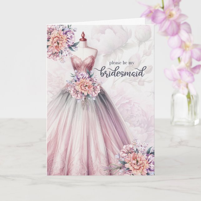 Bridesmaid Request Blush Pink Botanical Gown Card (Orchid)