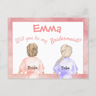 Bridesmaid Request/Girls in robes Back View/peach Invitation Postcard
