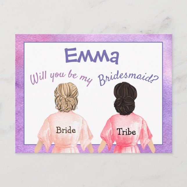 Bridesmaid Request/Girls robes From Behind/Lilac Invitation Postcard (Front)