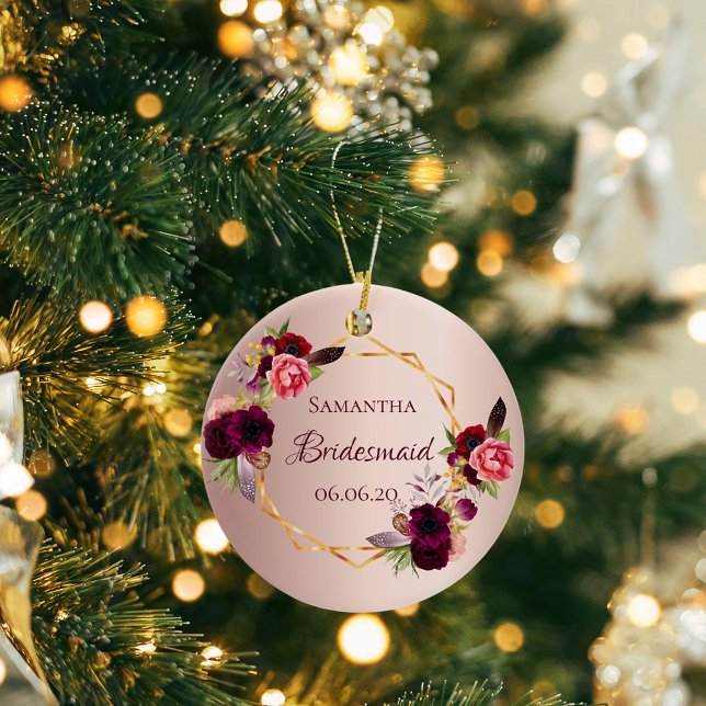 Bridesmaid rose gold florals burgundy name ceramic tree decoration (Creator Uploaded)