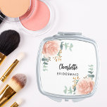 Bridesmaid rose gold florals eucalyptus greenery compact mirror<br><div class="desc">Decorated with watercolored rose gold roses,  eucalyptus greenery and golden sprigs.  Personalise and add your bridesmaid's name.   Black handwritten style script.</div>