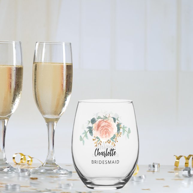 Bridesmaid rose gold florals eucalyptus stemless wine glass (Creator Uploaded)