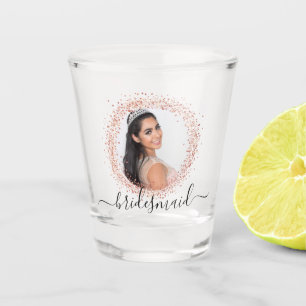 Bridesmaid rose gold photo glitter name script shot glass