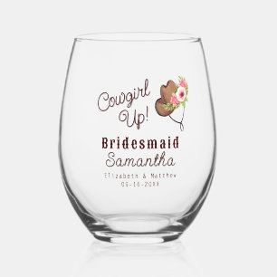 Bridesmaid Rustic Pink Cowgirl Up Western Party Stemless Wine Glass