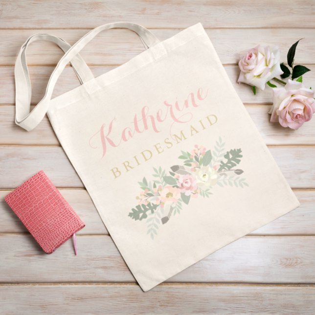 Bridesmaid Rustic Pink Gold Floral Boho Wedding Tote Bag (Creator Uploaded)