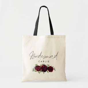 Bridesmaid Scrip Name Burgundy Roses Floral Tote Bag