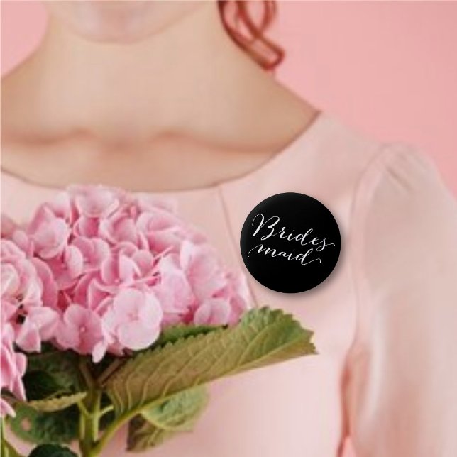 Bridesmaid Script Calligraphy Wedding Bridal Party 6 Cm Round Badge (BRIDESMAID Classic Script Calligraphy B&W Wedding Bridal Party Pinback Button @ fatfatin_blue_knot)