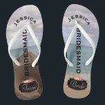 Bridesmaid Seashell Beach Wedding | Team Bride Flip Flops<br><div class="desc">Customised, beautiful beach wedding flip flop sandals- Background is photo of Caribbean island beach. Left sandal has closeup of conch seashell with turquoise water and sky in the background. Right thong flip flop has sandy beach with waves washing up on it and the cloudy sky above. Faux chalkboard design at...</div>