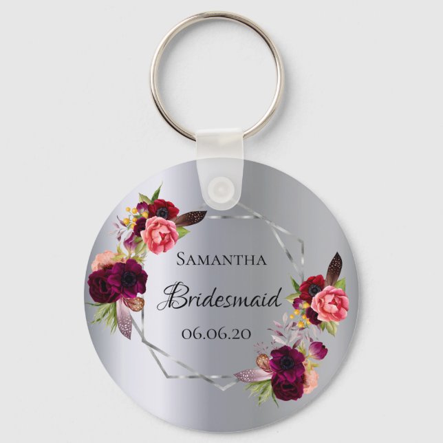 Bridesmaid silver florals burgundy key ring (Front)