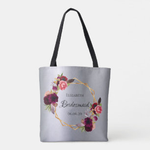 Bridesmaid silver florals burgundy tote bag