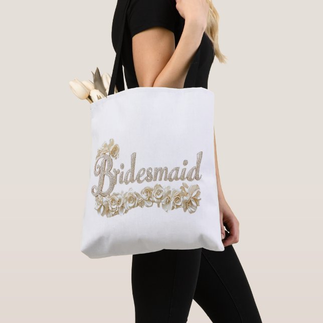 Bridesmaid Silver Glitter White Roses Tote Bag (Close Up)