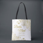 Bridesmaid Simple Elegant Wedding Tote Bag White<br><div class="desc">These Bridesmaid tote bags are designed as favours or gifts for wedding bridesmaids. Great swag bag to fill with favours and gifts. Coordinates with our Gold Foil Elegant Wedding Suite and is fully customisable. Simple design includes gold script text with a floral border over a white background. All text is...</div>