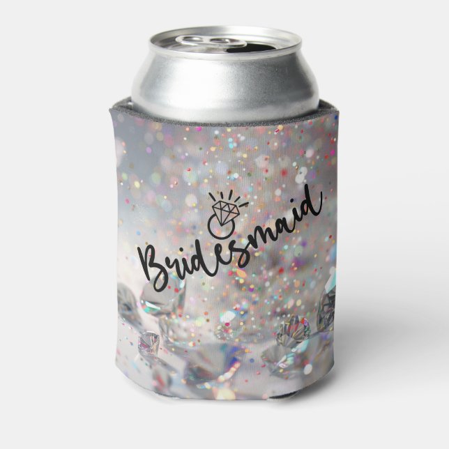 Bridesmaid Sparkle Script with Diamond Ring Detail Can Cooler (Can Back)