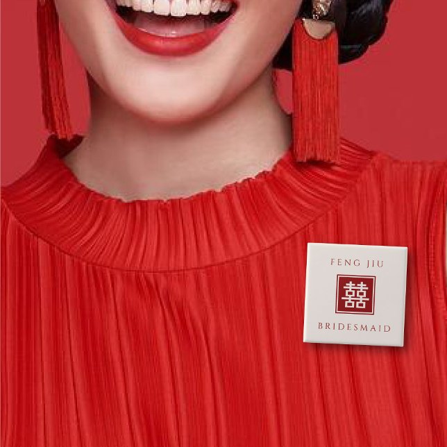 BRIDESMAID Square Double Happiness Chinese Wedding 15 Cm Square Badge (BRIDESMAID Red/Ivory White Classic Square Double Happiness Wedding Button @ fatfatin_red_knot)