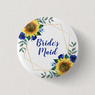 Bridesmaid Sunflower Geometric Blue Floral 3 Cm Round Badge