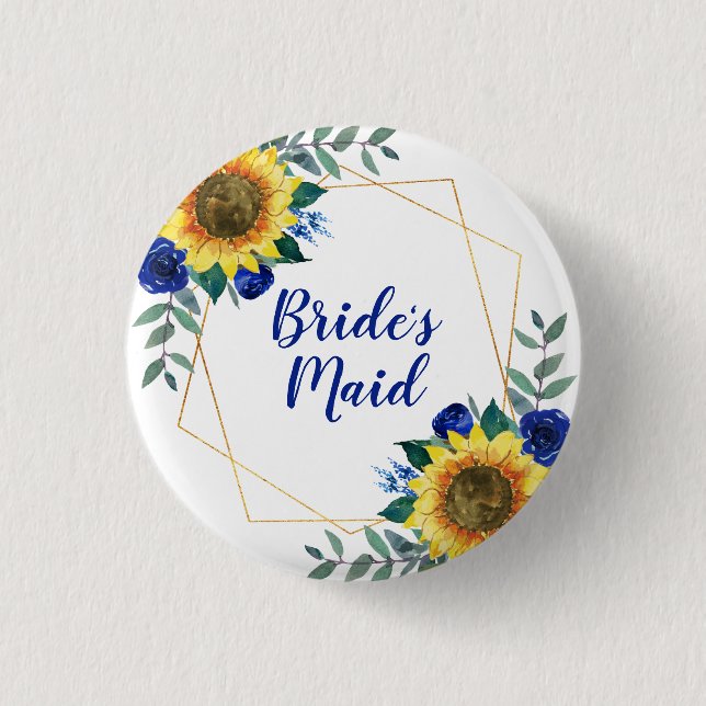 Bridesmaid Sunflower Geometric Blue Floral 3 Cm Round Badge (Front)