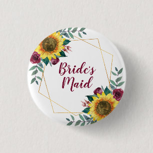 Bridesmaid Sunflower Geometric Burgundy 3 Cm Round Badge