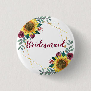 Bridesmaid Sunflower Geometric Burgundy 3 Cm Round Badge