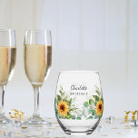 Bridesmaid sunflowers eucalyptus name stemless wine glass<br><div class="desc">Decorated with sunflowers and eucalyptus greenery.  Personalise and add your bridemaid's name.</div>