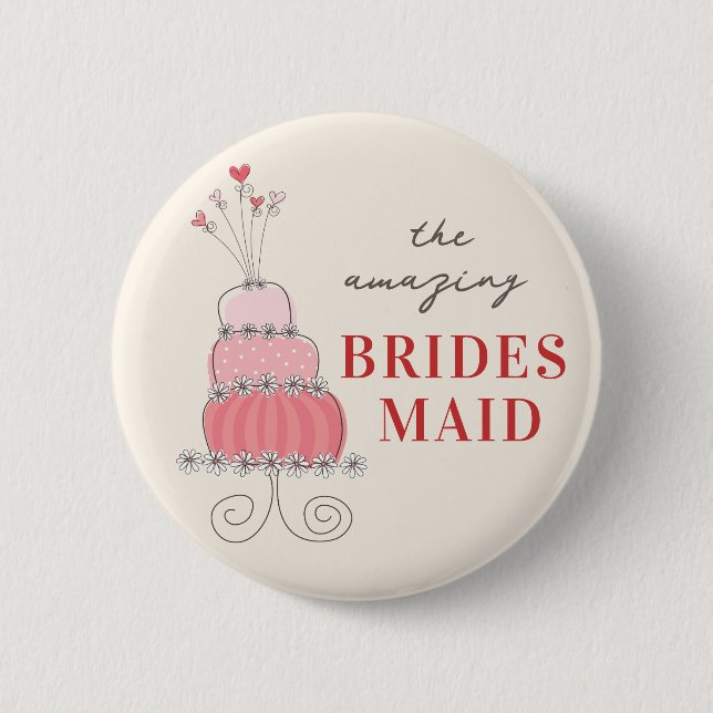 BRIDESMAID Sweet Pink Wedding Cake Name Tag Button (Front)
