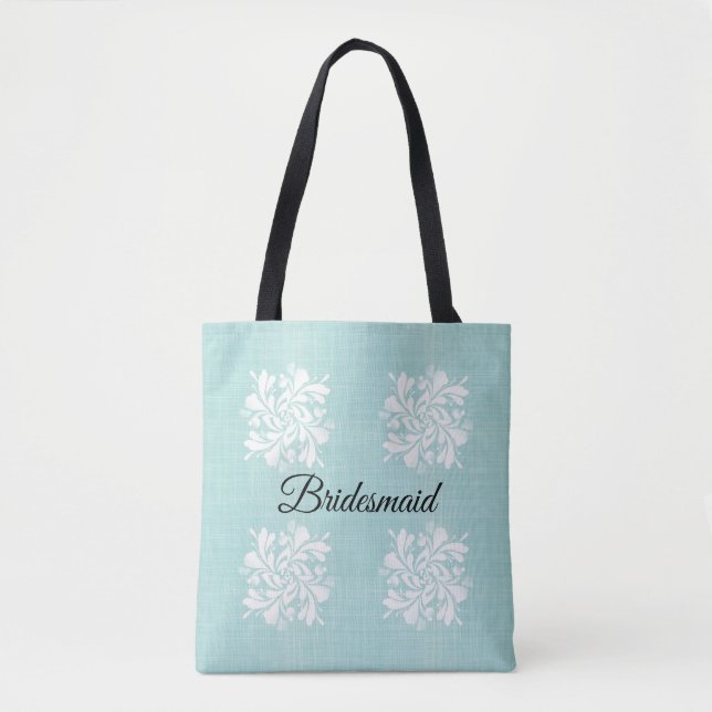 Bridesmaid Teal and White Floral Tote Bag (Front)