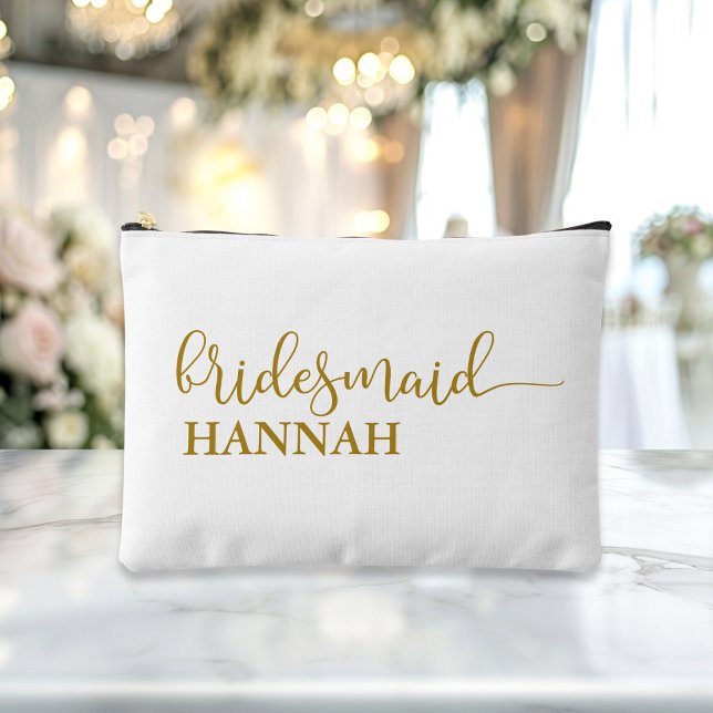 Bridesmaid - Team Bride! Gift Name  Accessory Pouch ("This Bridesmaid / Team Bride accessory and makeup bag showcases a sleek beige-gold script font with)