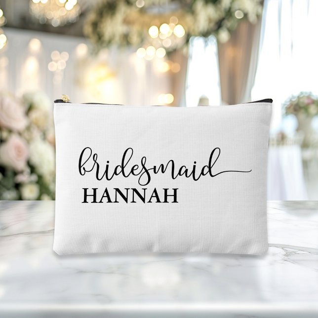 Bridesmaid - Team Bride! Gift Name  Accessory Pouch ("This Bridesmaid / Team Bride accessory and makeup bag showcases a sleek black script font with eleg)