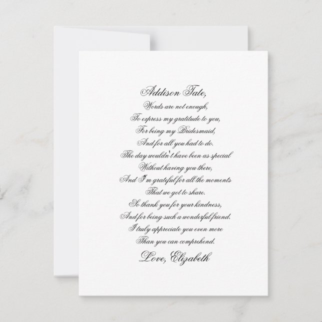 Bridesmaid Thank You Script Poem Card (Front)