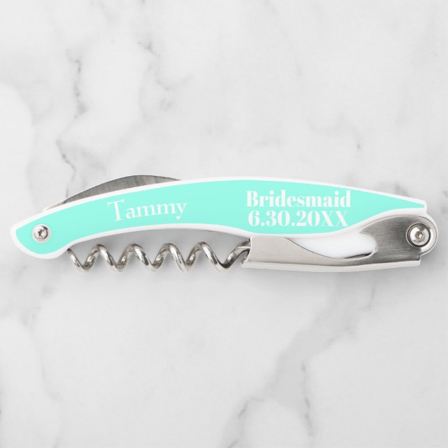 Bridesmaid Turquoise Blue Wedding Favour Corkscrew (Back)