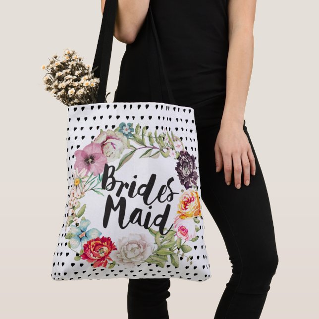 Bridesmaid Typography Watercolor Rose Wreath Tote Bag (Close Up)