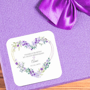 Bridesmaid Watercolor Floral Heart in Purple Square Sticker