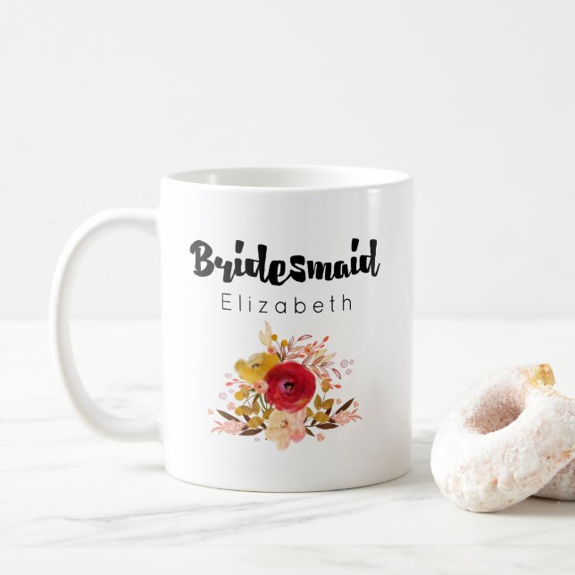 Bridesmaid -  Watercolor Flower Bouquet Wedding Coffee Mug (With Donut)