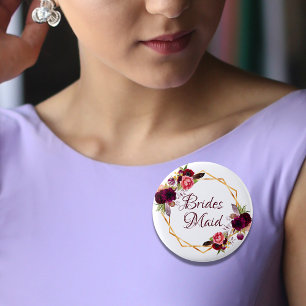 Bridesmaid watercolored florals burgundy gold 6 cm round badge