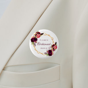 Bridesmaid watercolored florals burgundy white 3 cm round badge