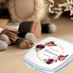 Bridesmaid watercolored florals burgundy white compact mirror<br><div class="desc">A trendy bohemian boho style gift for the Bridesmaid. Decorated with watercolored roses in burgundy and pink.  Elegant white background. A faux gold geometric frame. With the text: Bridesmaid written with a hand lettered style script.  Template for the Bridesmaid name name and a date. Burgundy coloured letters.</div>
