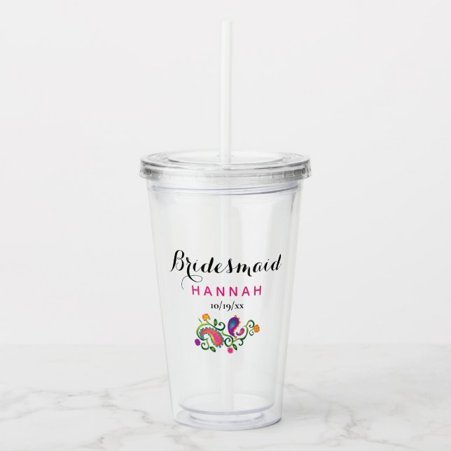 Bridesmaid Wedding Colourful Pink Paisley Floral Acrylic Tumbler (Front)