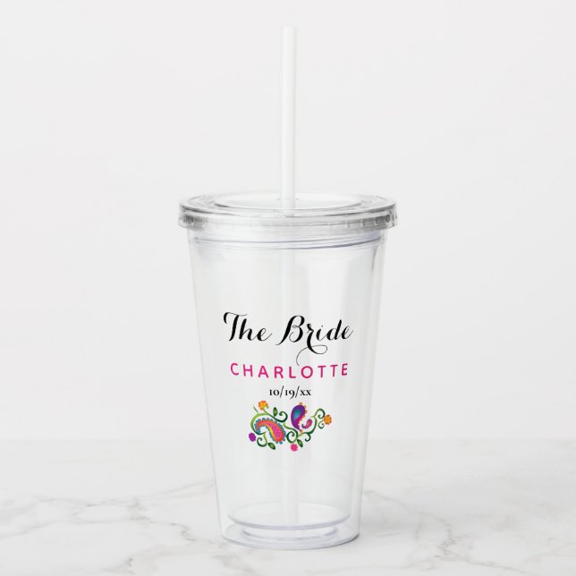 Bridesmaid Wedding Colourful Pink Paisley Floral Acrylic Tumbler (Front)
