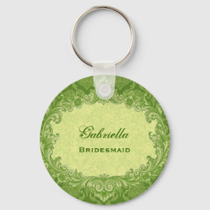 Bridesmaid Wedding Favour Lime Green Damask G306 Key Ring