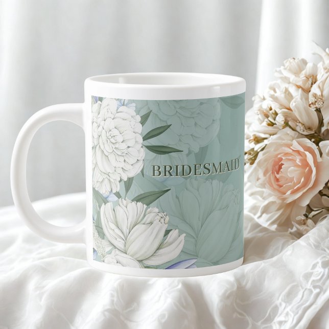 Bridesmaid Wedding Gift – Sage Green & Peonies Large Coffee Mug (Creator Uploaded)