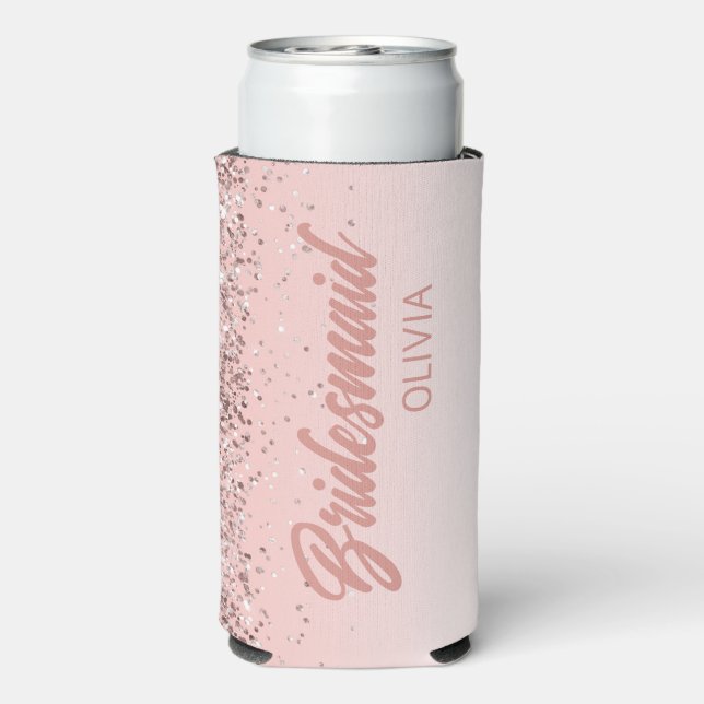 Bridesmaid Wedding Rose Gold Glitter Script Seltzer Can Cooler (Seltzer Back)