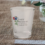 Bridesmaid Wildflower Bouquet Floral Wedding Sh Shot Glass<br><div class="desc">Personalised shot glass for you to customise with your Bridesmaid's name, the bride and groom's names and the wedding date. This rustic country botanical design has a pretty bouquet of wildflowers including daisy poppy and cornflower. An elegant modern floral with bohemian garden theme. Please browse my store in the Wildflower...</div>