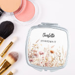 Bridesmaid wildflowers beige pink compact mirror<br><div class="desc">Decorated with wildflowers in beige,  cream and pink.  Personalise and add your bridesmaid's name.   Black handwritten style script.</div>